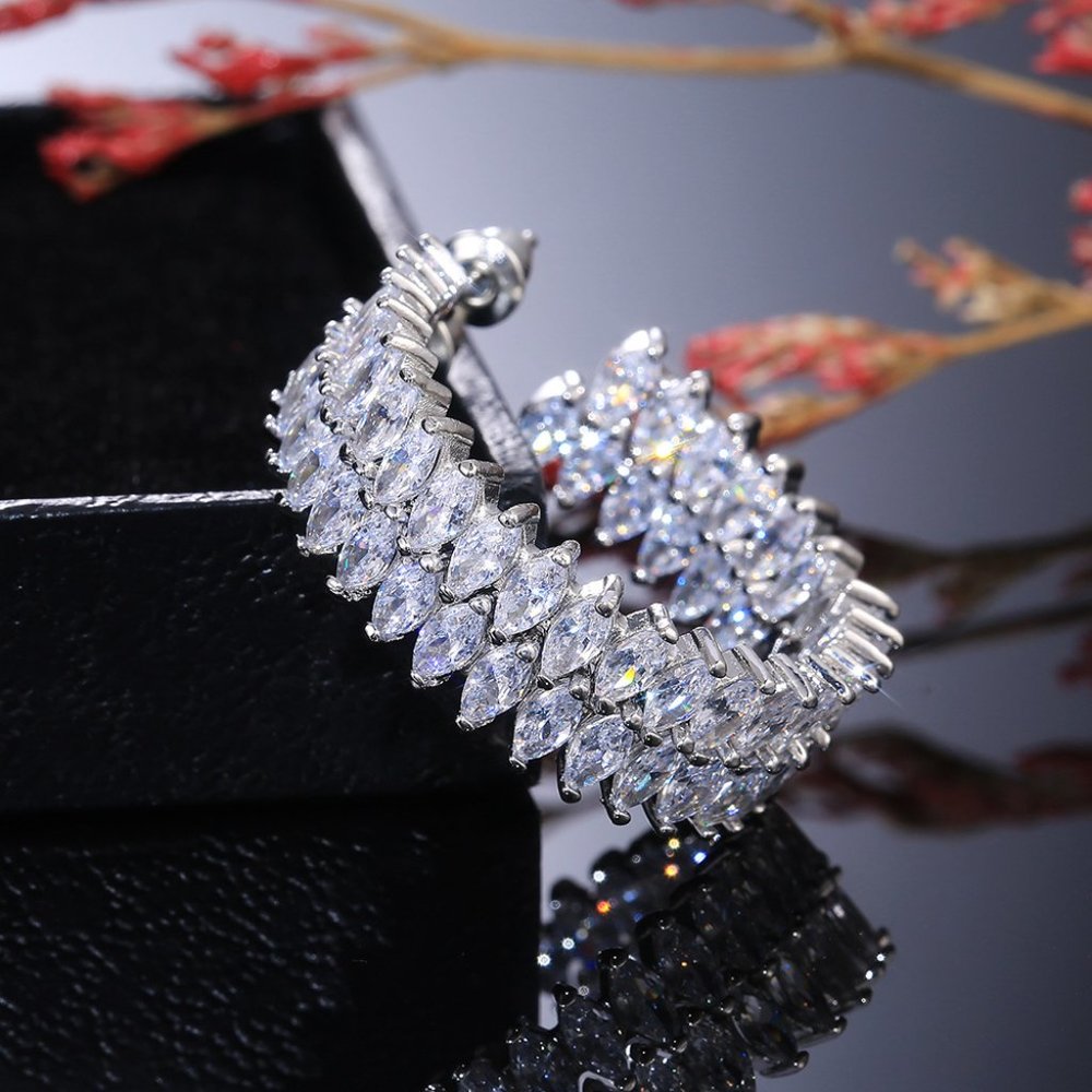 NEW Silver Marquis Diamond Inside Out Hoops - Picture 2 of 6